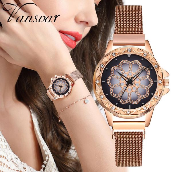 

vansvar quartz stainless steel magnetic band strap analog wrist watch luxury fashion round dial charm elegant wristwatch gift, Slivery;brown