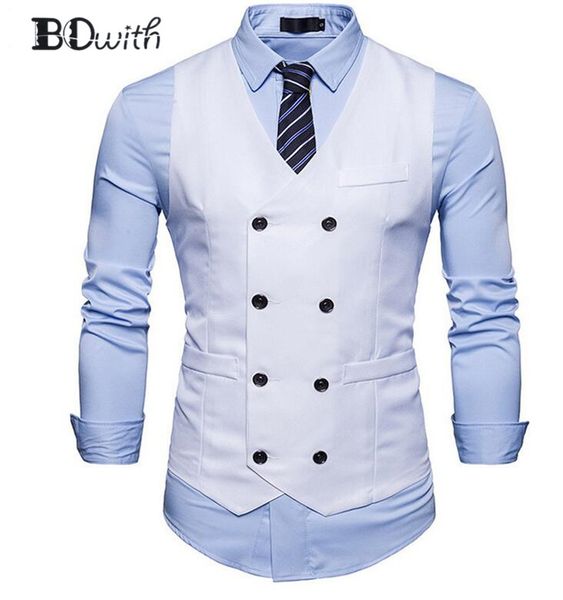 

new arrival white men's sleeveless slim fit suit vest double breasted eight buttons business dating wedding dress waistcoat, Black;white