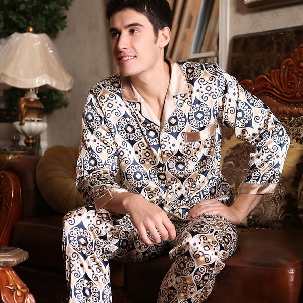 

faux silk men pajamas fashion printed ice silk sleepwear male long-sleeve pyjama pants sets two-pieces new 5002, Black;brown