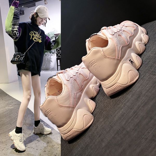 

2019 fashion women's chunky sneakers lace up women platform shoes tenis casual daddy shoes dames schoenen zapatillas mujer, Black