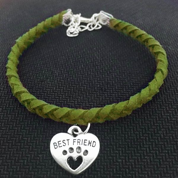 

new braided green leather suede velvet rope wrap women men jewelry trendy pets cat dog paw friend heart bracelet armband pulsera hombre, Golden;silver