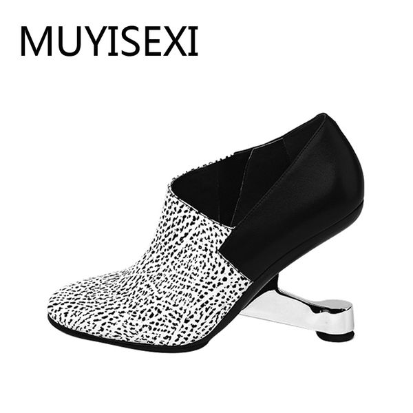 

autumn women pumps 9 cm metal strange high heel genuine leather round toe slip-on shoes black white d051 muyisexi