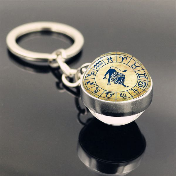 

zodiac time stone double-sided glass ball keychain constellation charm keychain keyring fashion creative men women jewelry friend gifts, Slivery;golden