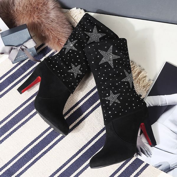 

oversized -17 boots women woman winter boots women shoes botas diamond pentacle decorated sleeve, Black
