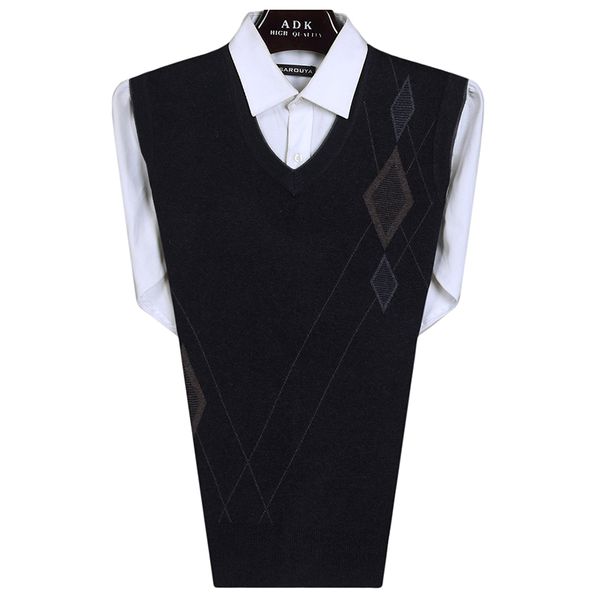 

men smart casual cashmere wool blend vest male autumn spring plaid plain knitwear waistcoat dark gray v-neck herringbone gilet, Black;white