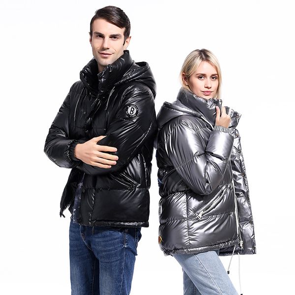 

couple winter fashion parka womens mens glossy hooded jackets large size winter warm thick parka loose coat new jacket, Black