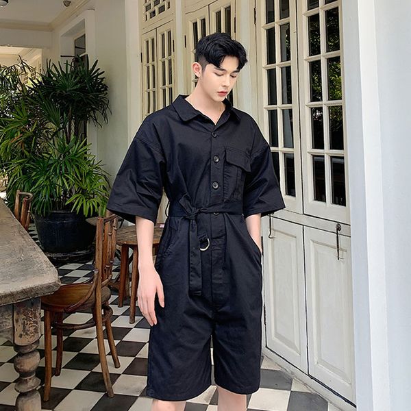 

men summer short sleeve loose casual shirt style jumpsuits overalls short trouser male women streetwear hip hop harem pants, Black