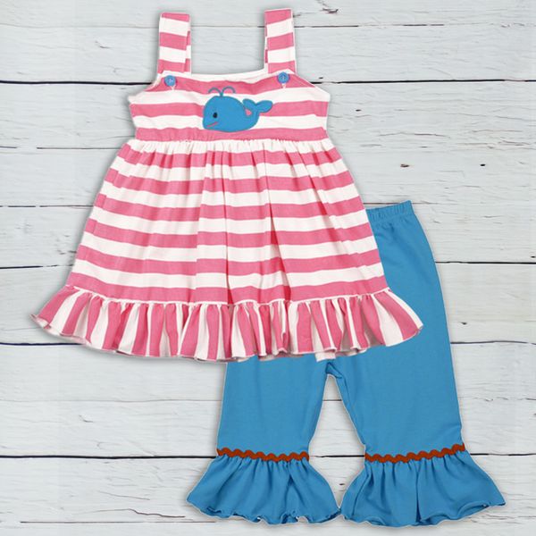 

fashion new design toddler girls clothing set summer embroidery boutique blue capris baby remake outfits set, White