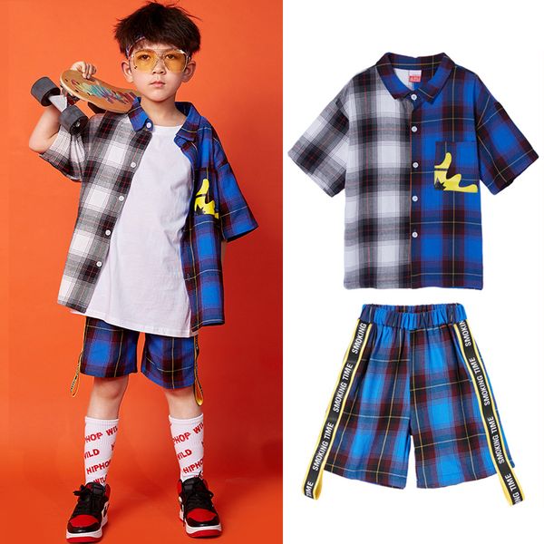 

boys ropa hip hop dance costumes chlidren dancewear plaid shirt kids street drum t stage show children dance costume bl1535, Black;red