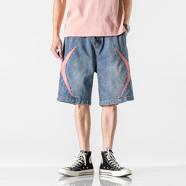 

a fashionable brand in summer. it's loose and color blocking denim shorts. it's men's retro five point casual pants, Blue