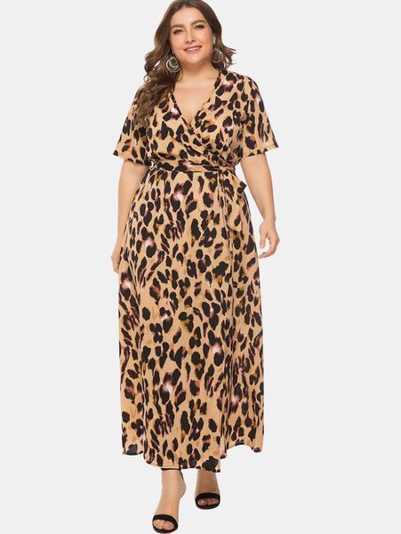

wipalo women plus size 6xl leopard print wrap maxi dress v neck short sleeves ankle-length casual dress 2019 summer vestidos, Black;gray