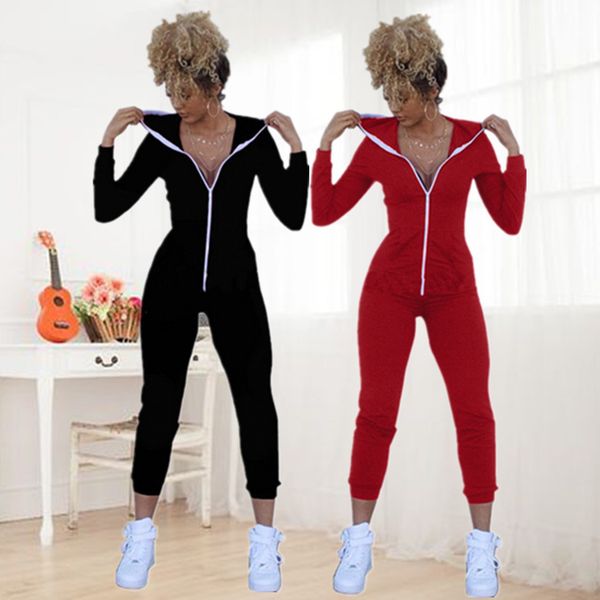 

women's european and american women's autumn new solid color skinny zipper jumpsuit 7402, Black;white