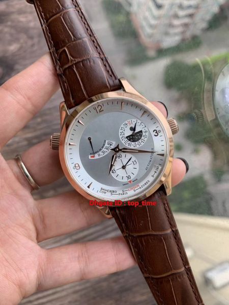

3 style new master geographic power reserve automatic mens watch q1502420 rose gold silver dial leather strap gents sports wathes, Slivery;brown