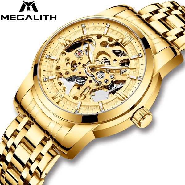 

megalith luxury gold full steel diver watch automatic mechanical watch men waterproof skeleton men watches brand clock, Slivery;brown