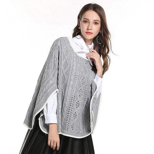 

women's cape women autumn wiinter cloak sweaters loose half sleeve poncho knitted hollow out pullovers female elegant solid warm coat, Black