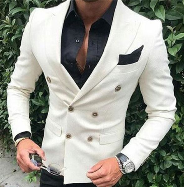 

double breasted ivory white man blazers wedding mensuits custom made groom wedding tuxedos slim fit jacket pants terno masculino, White;black