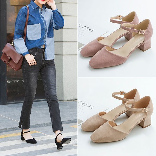 

tacones de mujer 2019 new designer women med high heels shoes square toe nude heels mary janes pumps ankle strap mules shoes 60, Black