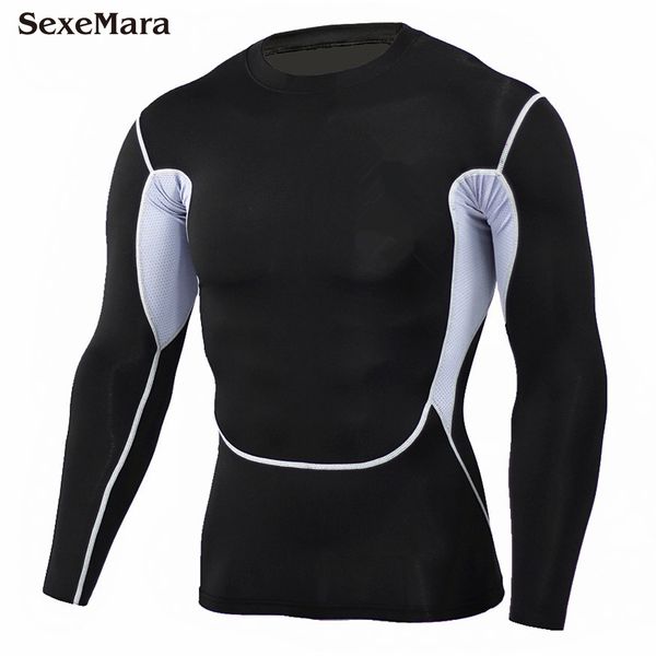 

men compression long sleeve t-shirt run jogging sports shirts male gym fitness bodybuilding sportswear tight tee clothing, Black;blue