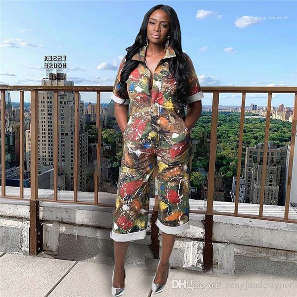 

short sleeve long pants turn down collar female clothing fashion style casual apparel womens summer designer jumpsuits camouflage print, Black;white