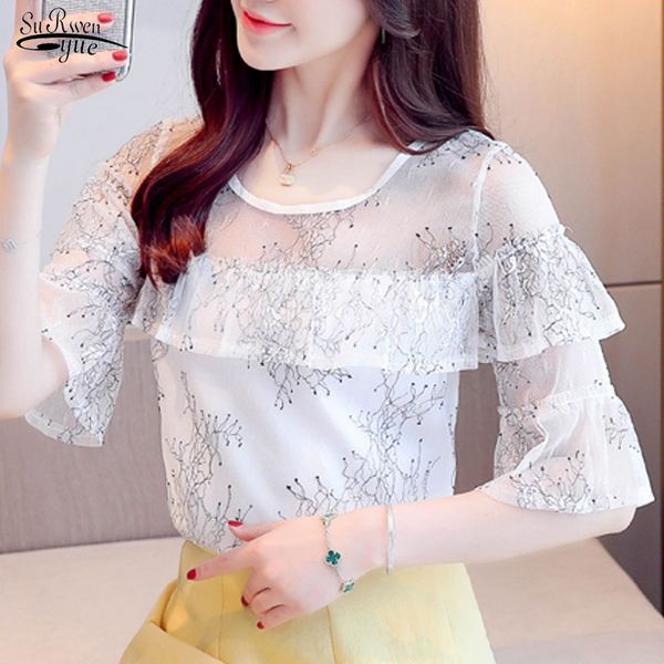 

women's blouses & shirts chemisier femme 2021 summer elegant korean loose fit solid color short sleeve mesh stitch chiffon blouse wome, White