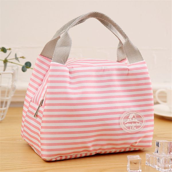 

lunch bag functional pattern insulated cold canvas stripe picnic carry case thermal portable lunch bag for family storage, Blue;pink