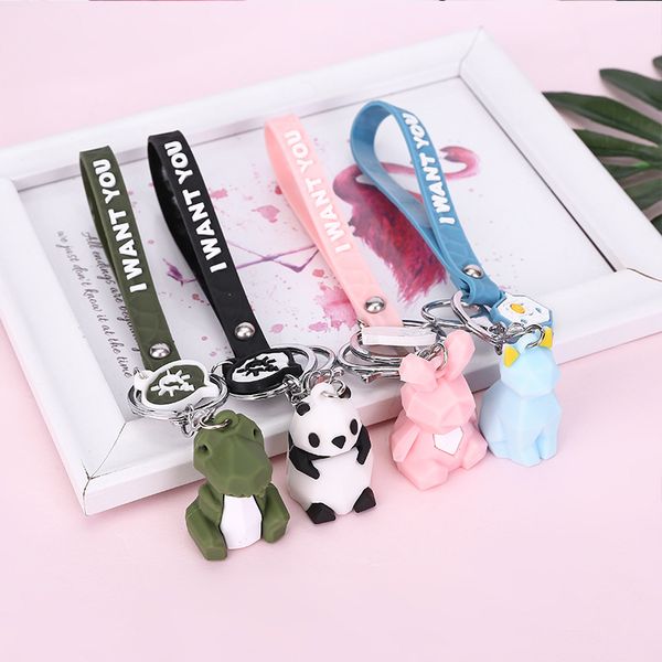 

creative cartoon geometric cut animal keychain pendant cute dinosaur panda car bag pendant small gift, Silver