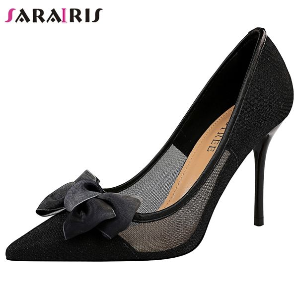 

sarairis new female fashion bowtie shallow spring summer pumps party ol pumps women thin high heels shoes woman, Black