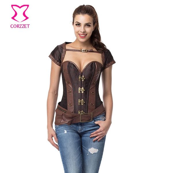 

corzzet brown vintage steel boned steampunk corset gothic clothing waist slimming corselet ovebust corsets and bustiers, Black;white