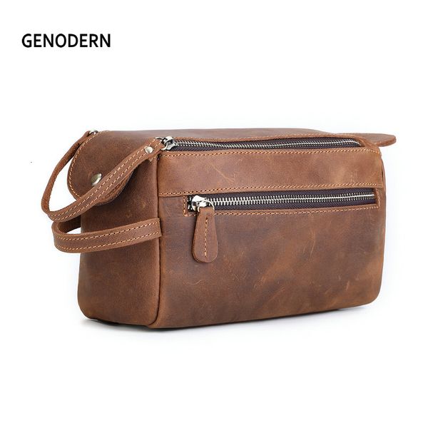 

genodern genuine leather travel cosmetic case for men crazy horse leather wash bag vintage men makeup bag handbag toiletry