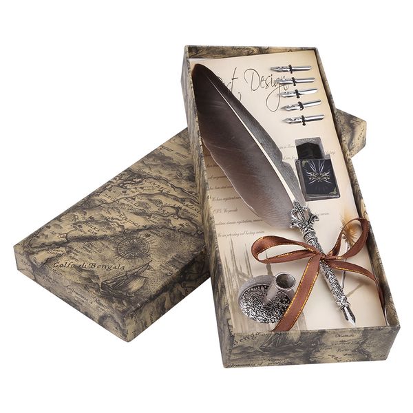 

english calligraphy feather dip quill pen writing ink set stationery gift box with 5 nibs red wedding gift quill pen 1 set