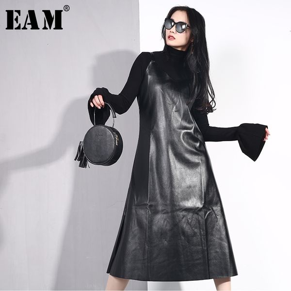 

eam] 2020 new spring summer spaghetti strap sleeveless hem vent black loose pu leather dress women fashion tide all-match jo2, Black;gray