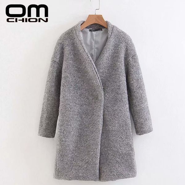

omchion 2019 fashion ladies woolen coat winter jacket women casual solid trench coat long wool knitted overcoat lmj101, Black