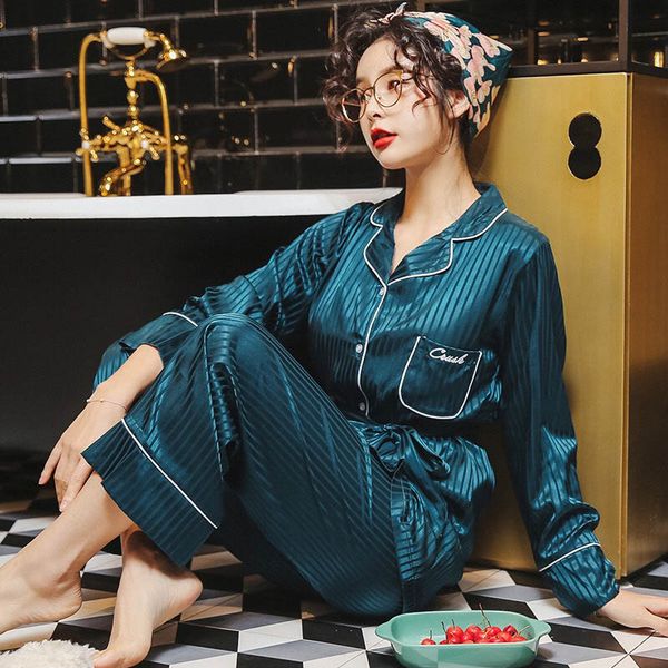 

autumn fall new ladies silk satin 3pcs set striped pajama set women tender cardigan+camisole+pants sleepwear femme homewear, Black;red