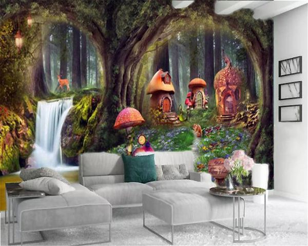 3d Quarto Wallpaper Red Room Mushroom Fantasy Forest Sika Cachoeira Sala Quarto livre de formaldeído Wallpaper