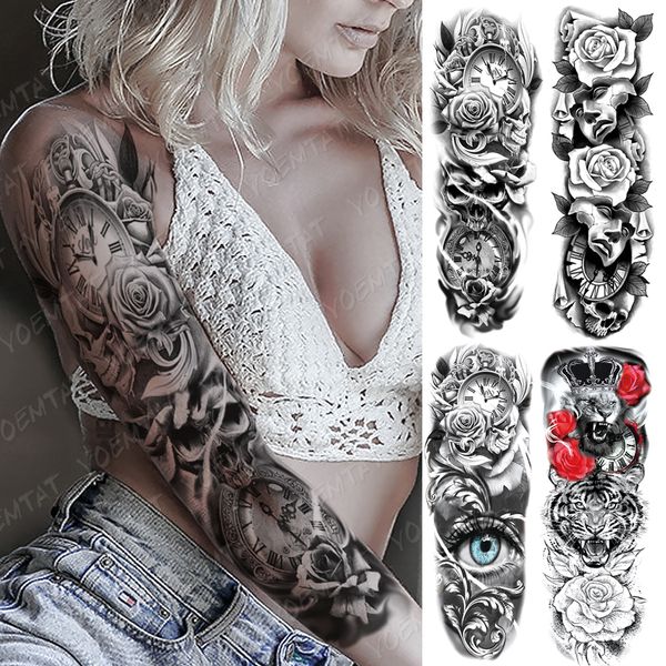 

large arm sleeve tattoo clocks rose eye lion waterproof temporary tatto sticker flower time body art full fake tatoo women men
