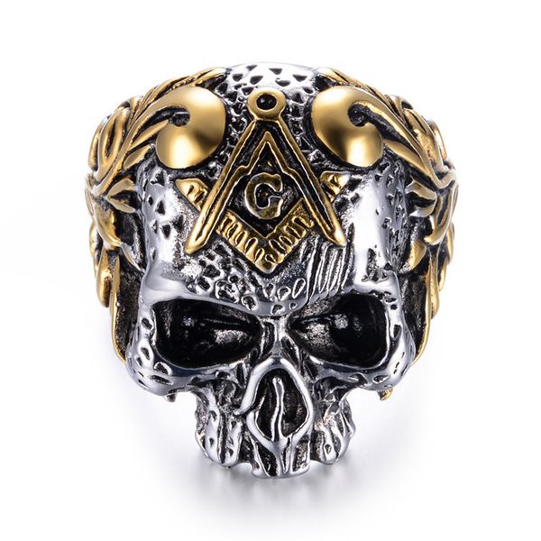 Retro Silber Edelstahl Uralter Skelett Totenkopf Ring Freimaurer Freimaurer Freimaurer Siegelringe Kompass und quadratische Freimaurerzeichen Schmuck