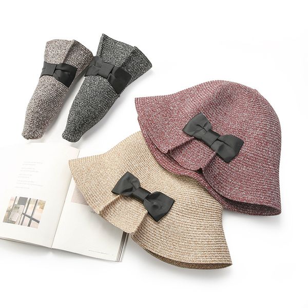 

women summer folding wide large brim shape beach sunscreen cap cute big bow solid straw outdoor hats sun hat, Blue;gray