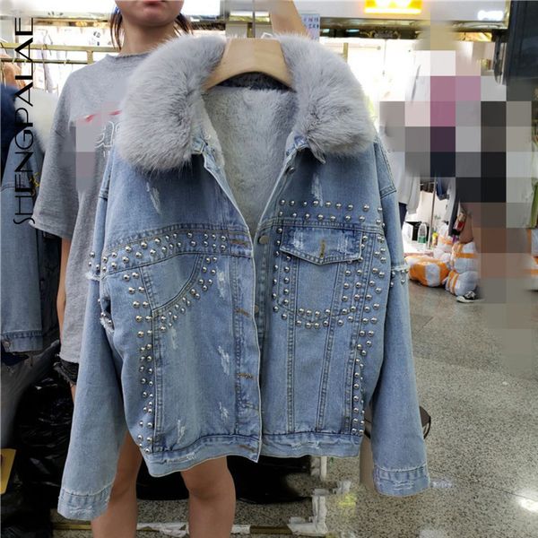 

shengpalae winter 2019 new fashion lapel rivet denim cotton jacket women korean version high street abrigos mujer invierno ft402, Black