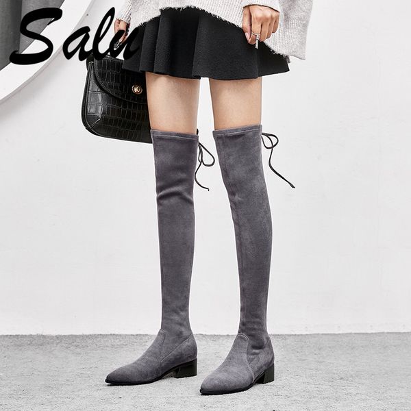 

salu classic design boots women over the knee high boots high heels motorcycle kid suede leather long shoes woman, Black