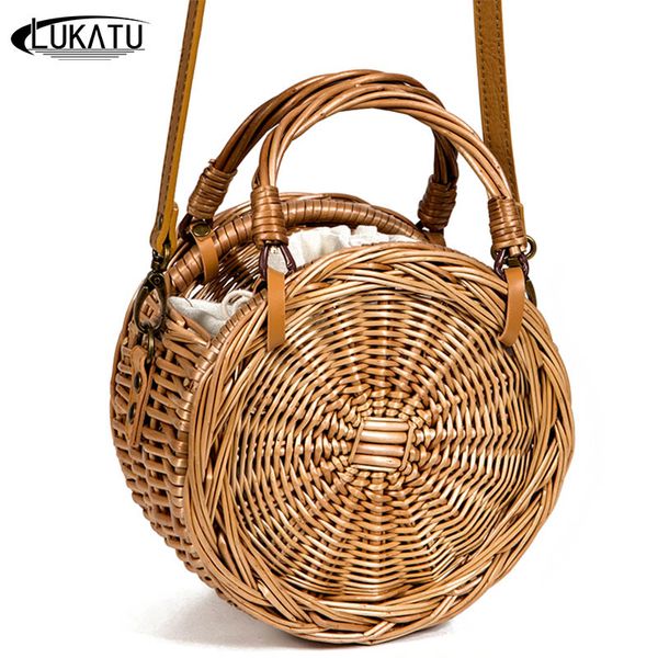 

lukatu retro style rattan woven bag natural fashion beach handbag for ladies storage basket round straw tote new bolsas