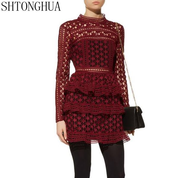 

shtonghua автопортрет весна осень слои оборками вечернее платье взлетно-посадочной полосы женщины wine red кружева выдалбливают короткое пла, Black;gray