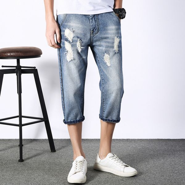 

hole jeans mens denim short jean new stretch calf-length pants fashion slim elastic denim shorts male clothes size, Blue