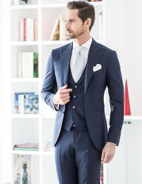 

brand new navy blue groom tuxedos peak lapel groomsmen mens wedding dress popular man jacket blazer 3 piece suit(jacket+pants+vest+tie) 894, Black;gray