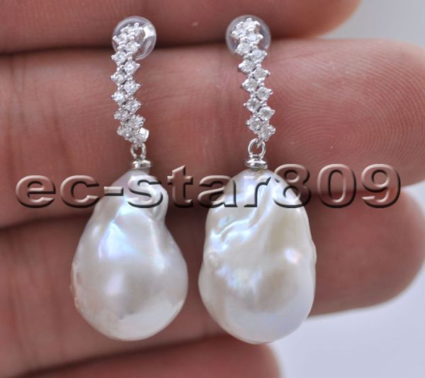 

d0348 20mm white pink black lavender baroque keshi reborn pearl dangle earring cz, Golden;silver