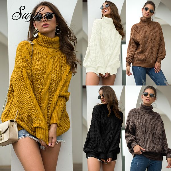 

suzhan 2019 turtleneck knitted pullovers sweater women long sleeve solid casual loose knitwears autumn winter, White;black