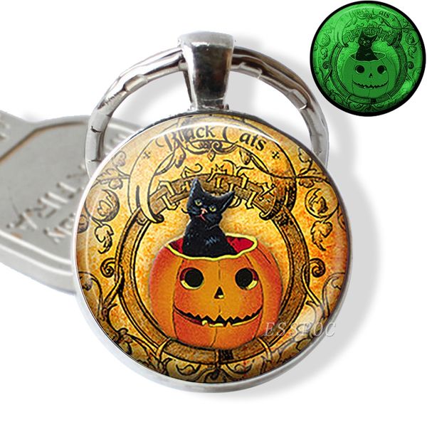 

хэллоуин luminous cat брелок keyring светящиеся в темноте кошка с тыква art picture glass key chain keyholder подарки, Slivery;golden
