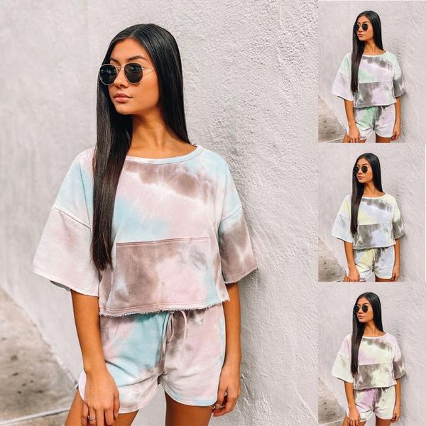 

2020 new tie dye printed women pajamas sleeve and pants hooded pijamas feminino set nightwear casual sleepwear nightwear, Blue;gray