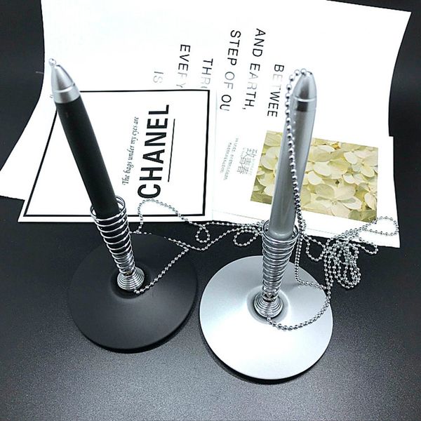 

metal spring base table / desk ballpoint pen with bead chain desk finance banking pen metal holder gift set, Blue;orange