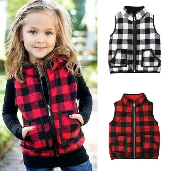 

toddler kids baby girl sleeveless plaid zipper jacket waistcoat coat outwear, Blue