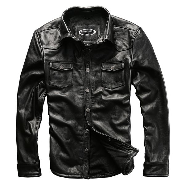 

men's cow leather outwear mens cowhide genuine leather vintage rider jacket, Black
